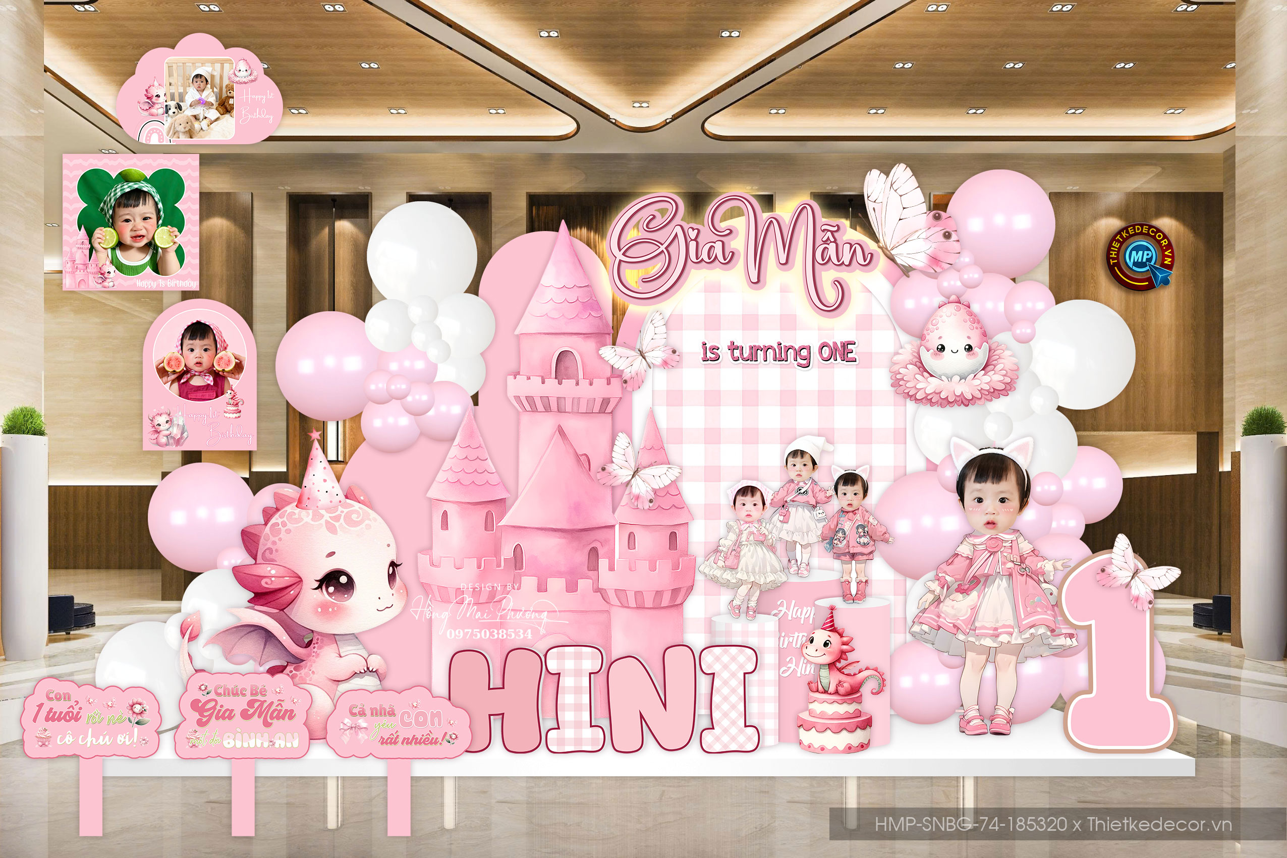 File thiết kế sinh nhật - thôi nôi bé gái tone hồng siêu xinh. Backdrop check in nhà nhà, tư gia.